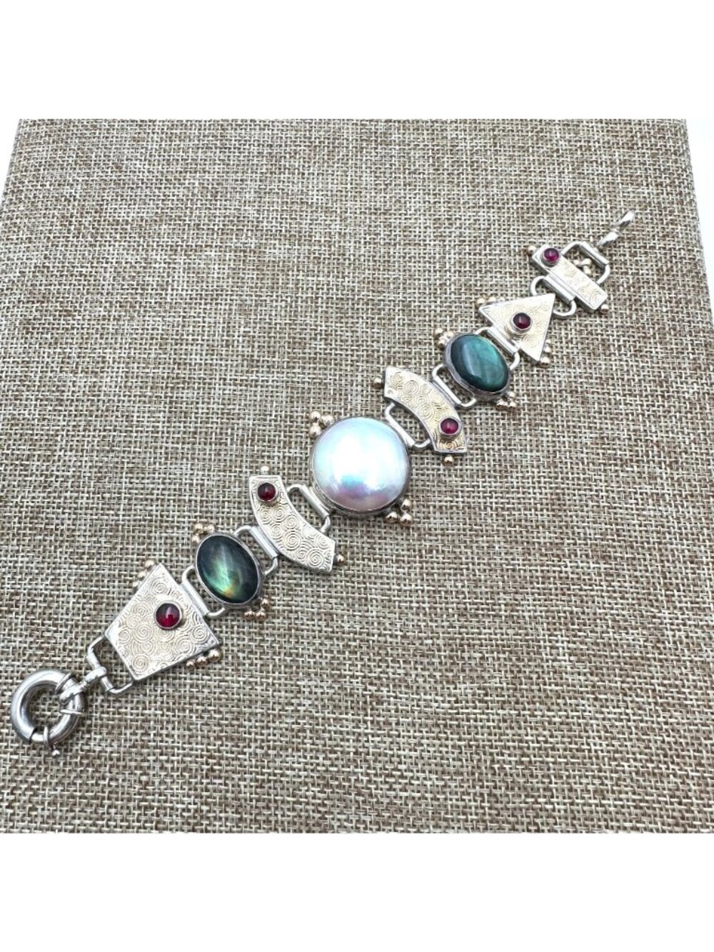 Rare Tricia Young 14K Gold Sterling Silver Pearl Garnet Bracelet